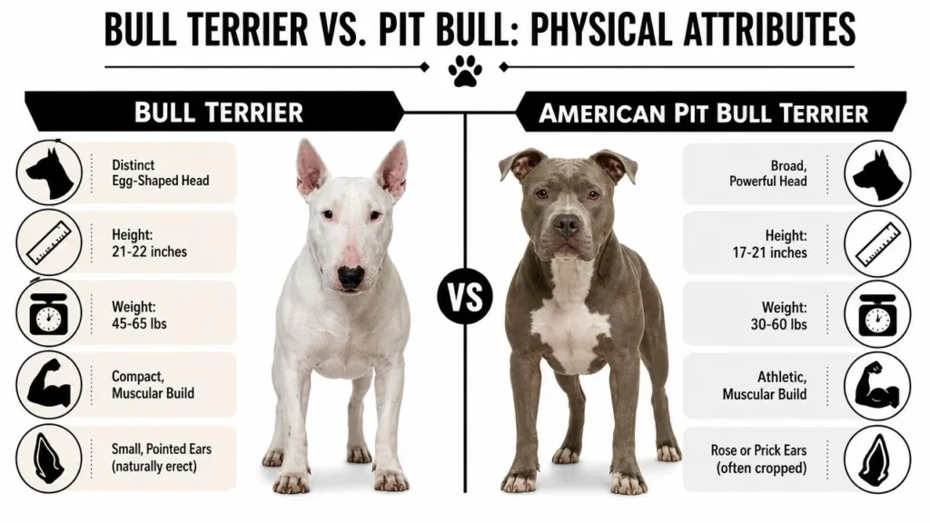 Bull Terrier vs Pitbull: 2026 Guide to Choose Your Dog Infographic comparing Bull Terrier and American Pit Bull Terrier physical traits, including size, weight, head shape, and ears.