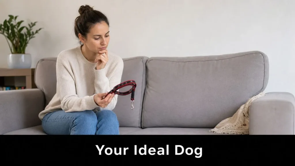 Bull Terrier vs Pitbull: 2026 Guide to Choose Your Dog Person sitting on a couch holding a dog leash, thoughtfully considering the qualities of their ideal dog companion.