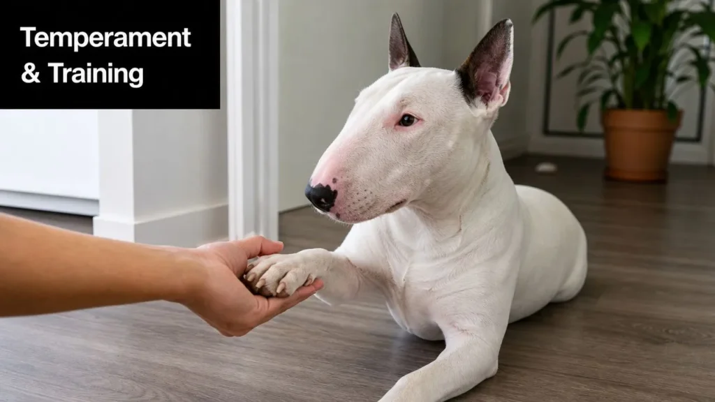 Bull Terrier vs Pitbull: 2026 Guide to Choose Your Dog Bull Terrier giving a paw during training indoors, illustrating obedience, temperament, and owner interaction.