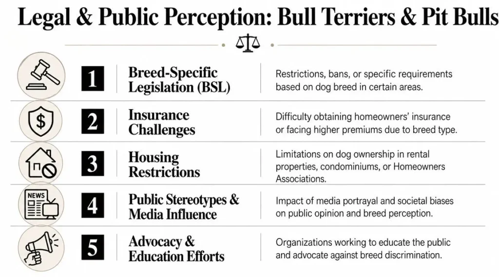 Bull Terrier vs Pitbull: 2026 Guide to Choose Your Dog Infographic outlining legal and public perception issues for Bull Terriers and Pit Bulls, including housing and insurance restrictions.