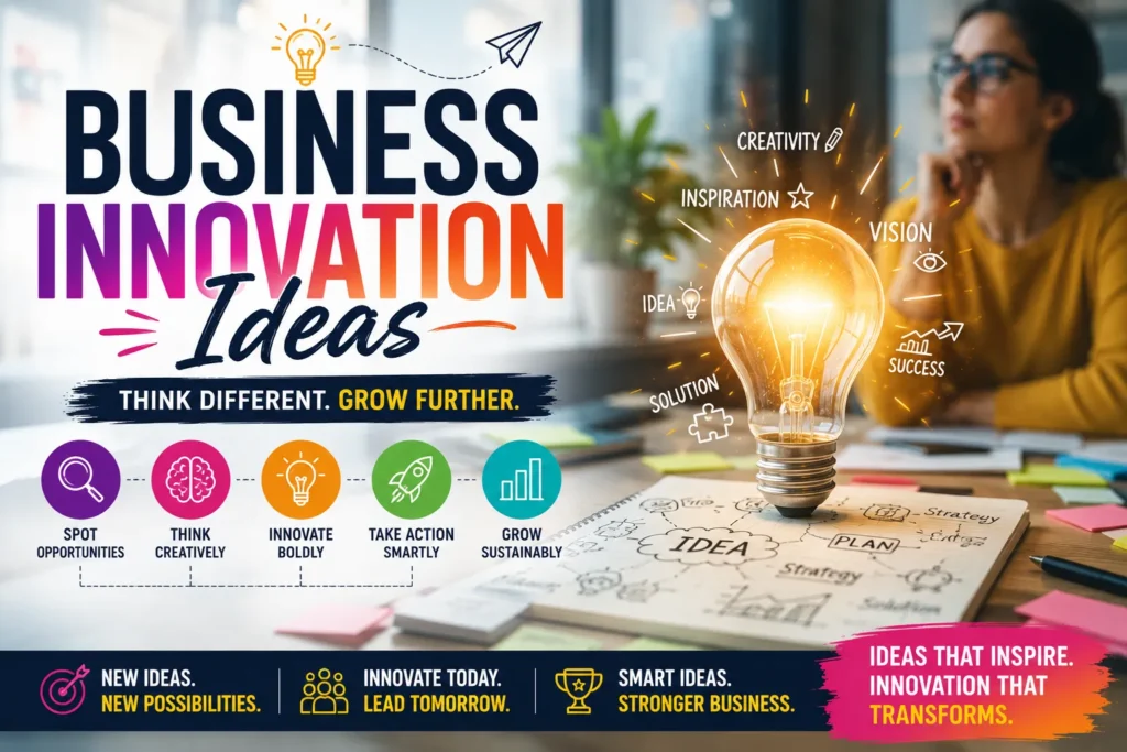 Business innovation concept with glowing lightbulb, creative planning workspace, and strategies for growth and success.