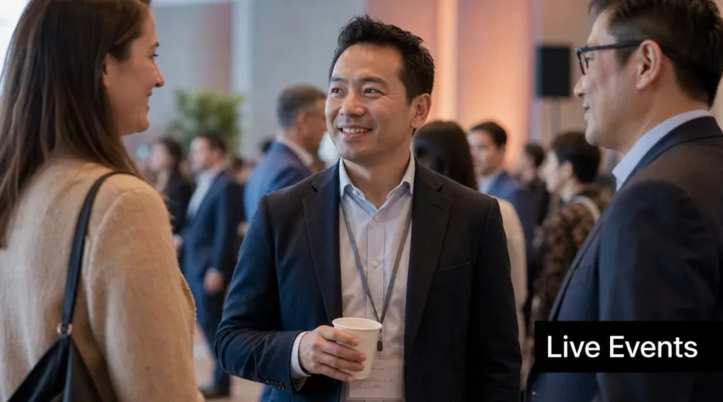 10 Business Innovation Ideas for 2026 Professionals networking at a live business event, engaging in conversation and building industry connections.