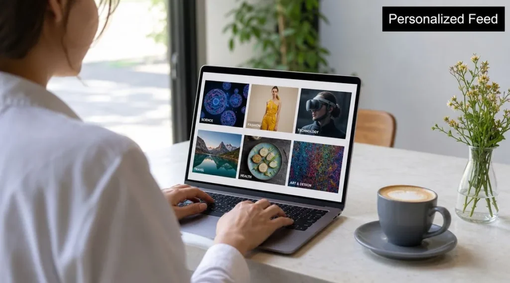 10 Business Innovation Ideas for 2026 Person using a laptop with a personalized content feed featuring science, fashion, technology, travel, and art topics.