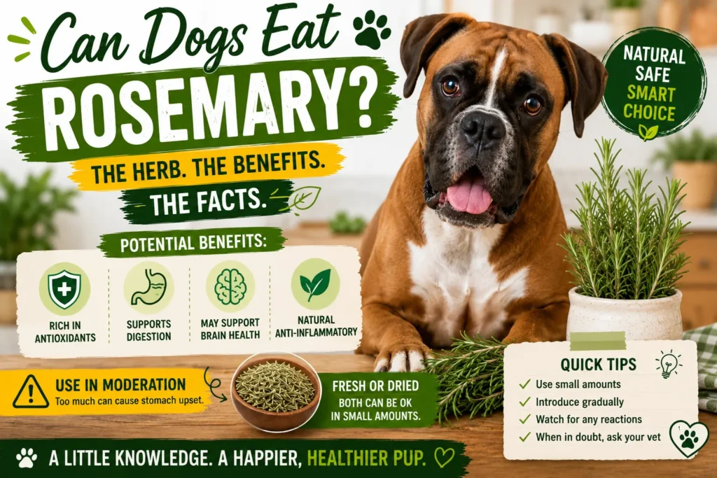Can Dogs Eat Rosemary? a Pet-Safe Guide for 2026 Boxer dog beside fresh rosemary with pet nutrition tips, benefits, safety advice, and healthy herb guidance.