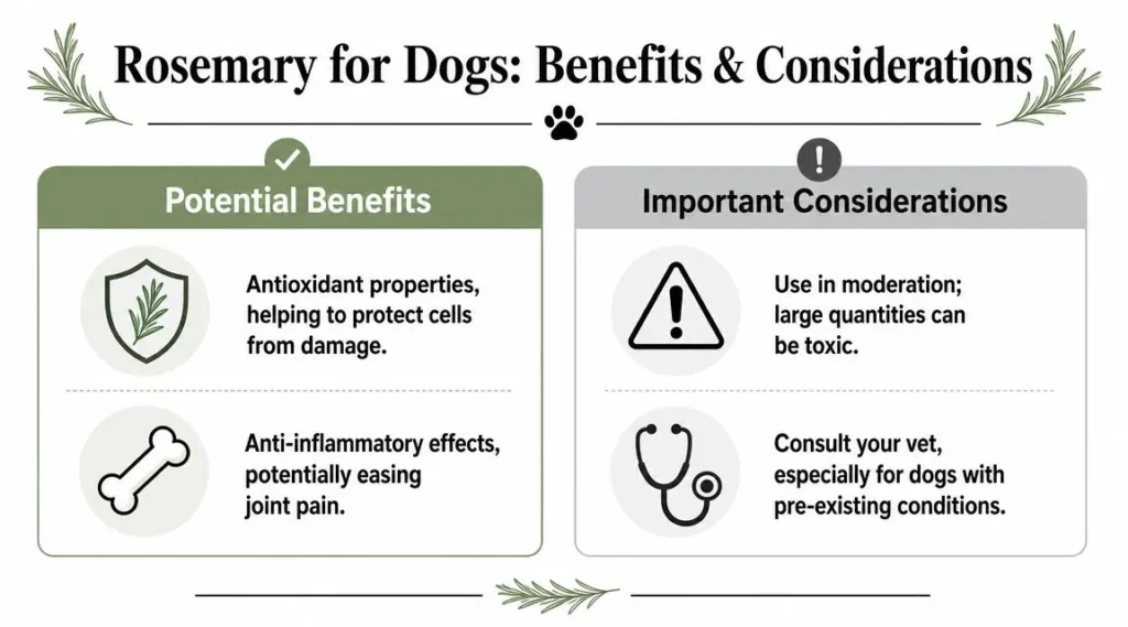 Infographic outlining rosemary benefits for dogs, including antioxidants, anti-inflammatory effects, and safety tips.