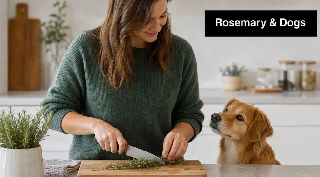 Woman chopping fresh rosemary in a kitchen while a curious dog watches, illustrating rosemary safety for dogs.