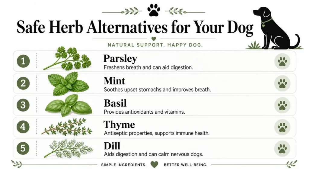 Infographic listing dog-safe herbs including parsley, mint, basil, thyme, and dill, with their health benefits.