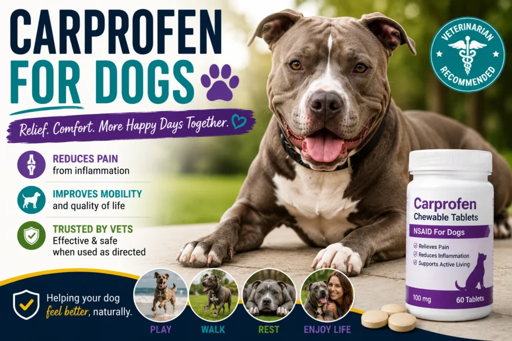 Happy pit bull beside Carprofen tablets, highlighting pain relief, mobility support, and veterinary care for dogs.