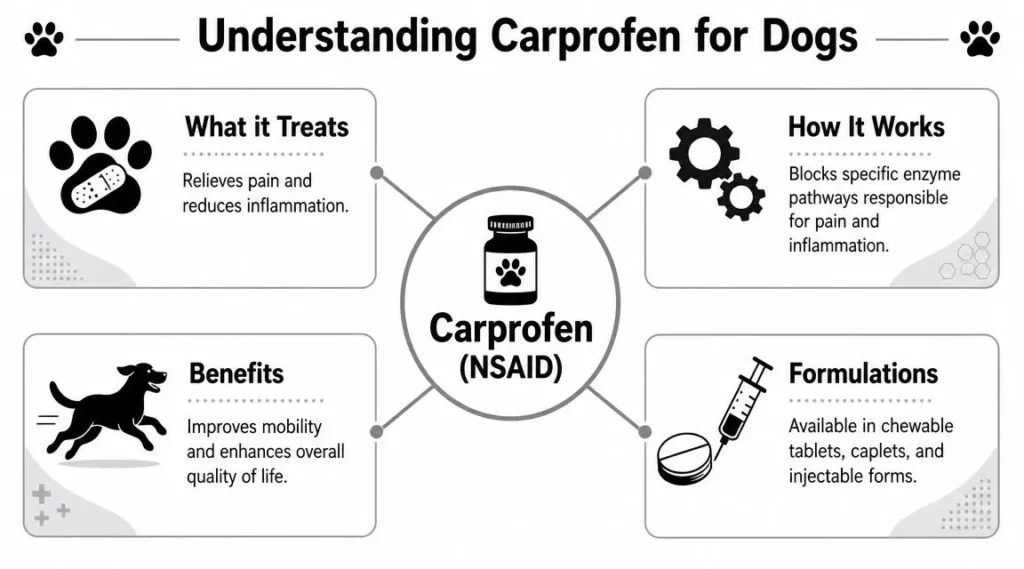 Carprofen for Dogs Dosage: A Complete Owner's Guide Infographic explaining carprofen for dogs, including uses, benefits, action, and available medication forms.