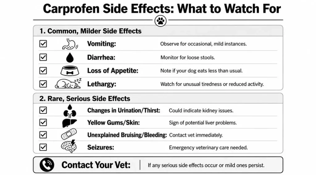 Carprofen for Dogs Dosage: A Complete Owner's Guide Infographic listing carprofen side effects in dogs, including vomiting, diarrhea, lethargy, and serious warning signs.