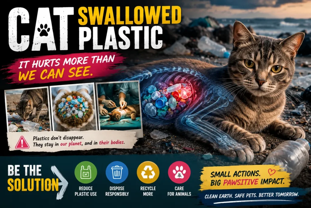 Tabby cat surrounded by plastic waste with an educational graphic illustrating the dangers of swallowing plastic.