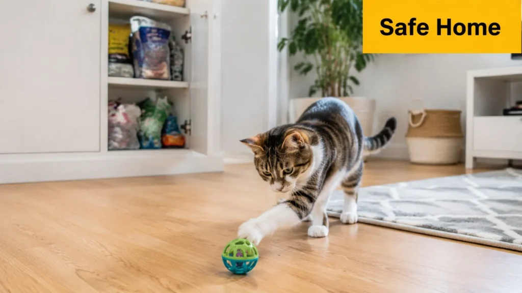 Cat Swallowed Plastic: A Vet's First-Aid Guide Tabby cat playing with a toy ball on a hardwood floor in a tidy home, illustrating a safe indoor environment.