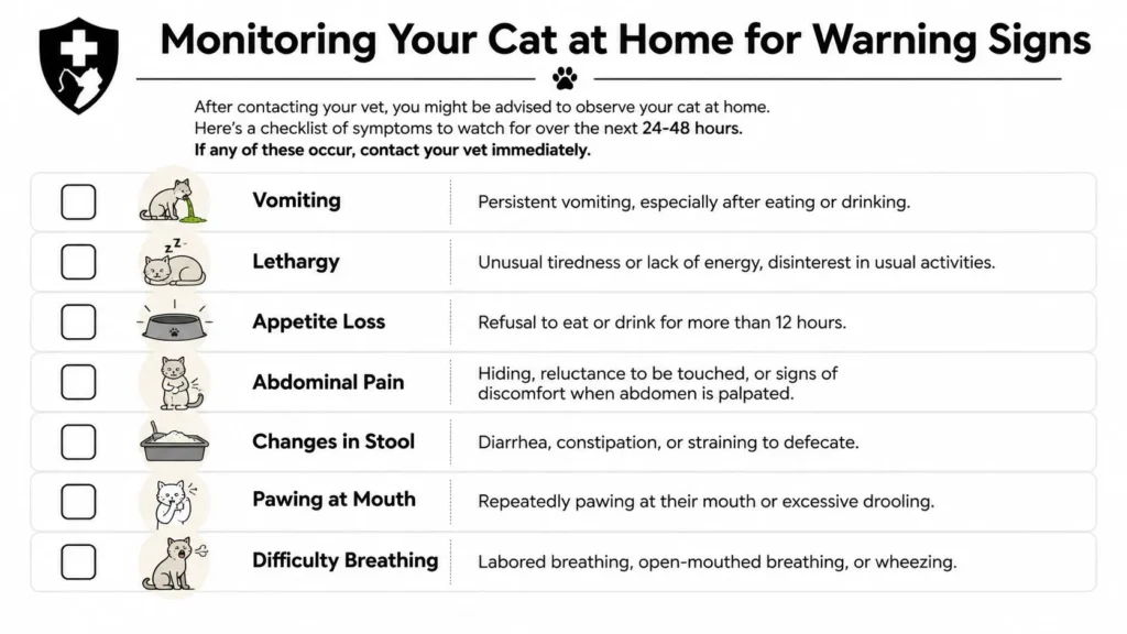 Cat Swallowed Plastic: A Vet's First-Aid Guide Infographic checklist for monitoring a cat at home, covering vomiting, lethargy, appetite loss, pain, and breathing issues.