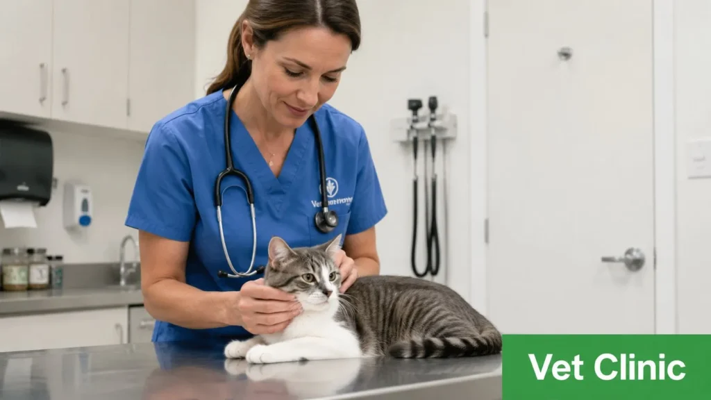 Cat Swallowed Plastic: A Vet's First-Aid Guide Veterinarian examining a tabby cat on a clinic table, highlighting professional pet care and health assessment.