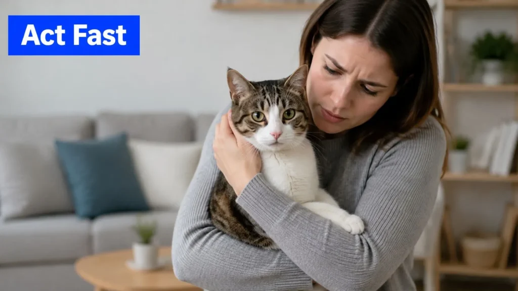 Cat Swallowed Plastic: A Vet's First-Aid Guide Concerned woman holding a tabby cat at home, with “Act Fast” text highlighting a pet health emergency.