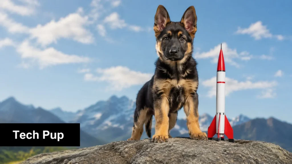 10 Star-Worthy Celebrity Puppy Names for Your Dog German Shepherd puppy standing beside a toy rocket on a mountain rock, big ears alert.
