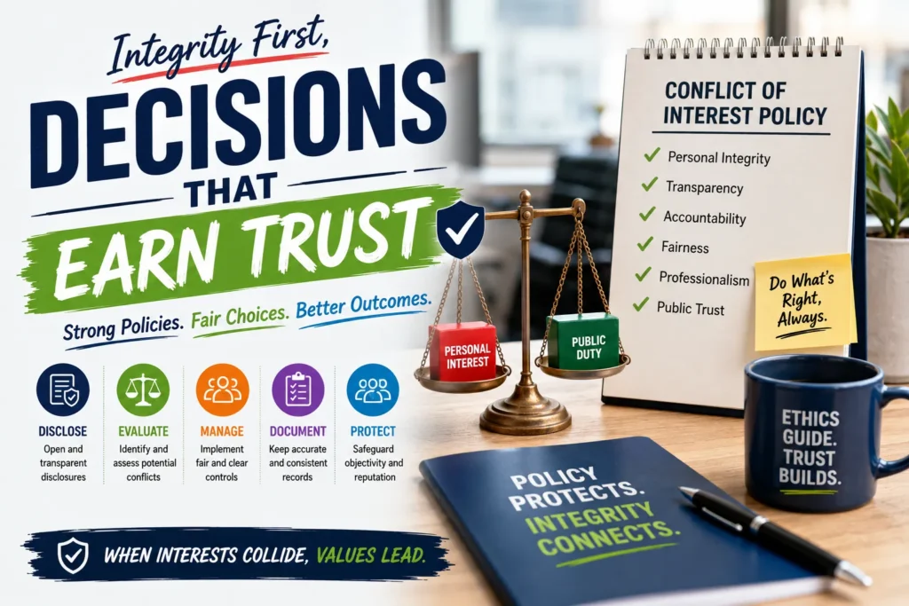 Conflict of interest policy infographic with ethics checklist, balanced scales, transparency, and professional integrity.