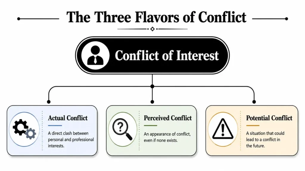 Conflict of Interest Policies: A Guide for Publishers Infographic explaining three types of conflicts of interest: actual, perceived, and potential conflicts in professional settings.