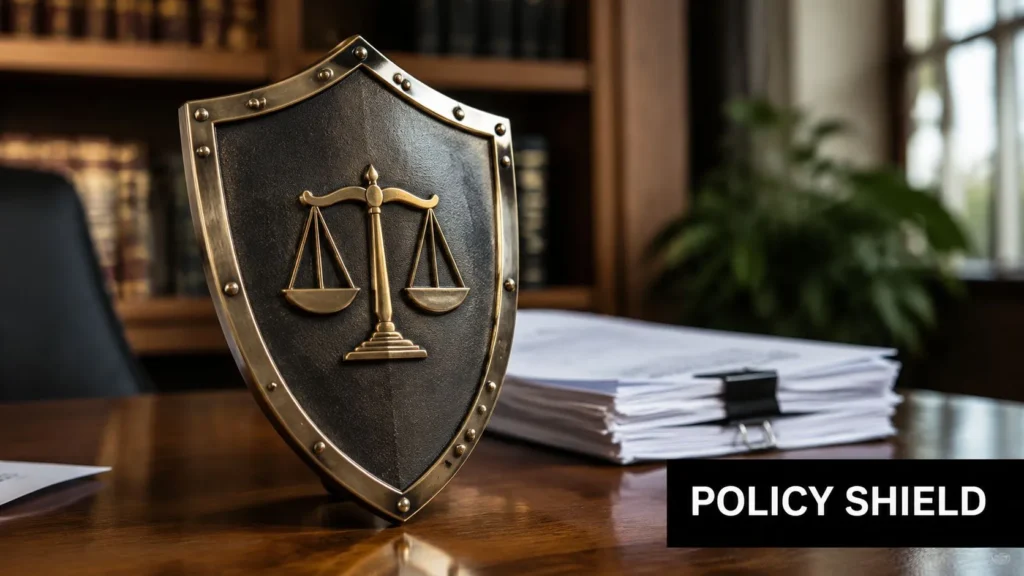 Conflict of Interest Policies: A Guide for Publishers Shield with scales of justice on a desk beside documents, symbolizing conflict-of-interest policies and ethical safeguards.