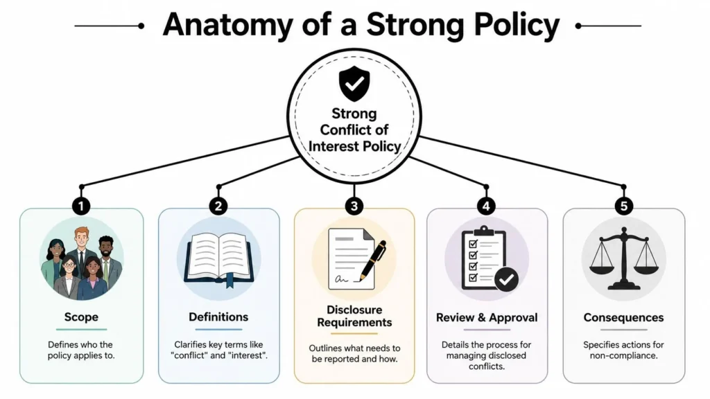 Conflict of Interest Policies: A Guide for Publishers Infographic showing five elements of a strong conflict-of-interest policy: scope, definitions, disclosure, review, and consequences.