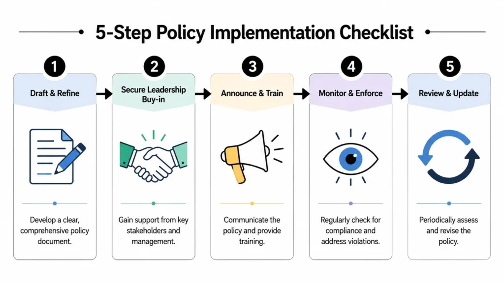 Conflict of Interest Policies: A Guide for Publishers Infographic outlining a five-step policy implementation process: drafting, leadership support, training, monitoring, and updates.