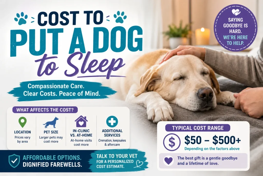 Labrador resting peacefully while being comforted, with guide to dog euthanasia costs and compassionate care options.