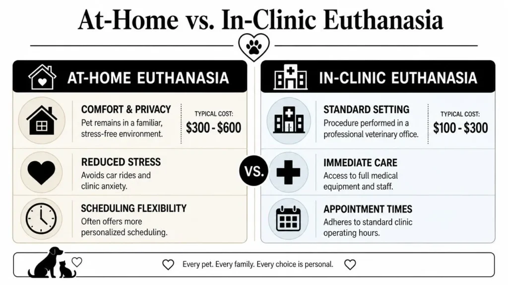 Cost to Put a Dog to Sleep: A Compassionate Guide Infographic comparing at-home and in-clinic pet euthanasia, highlighting costs, comfort, care, and scheduling.