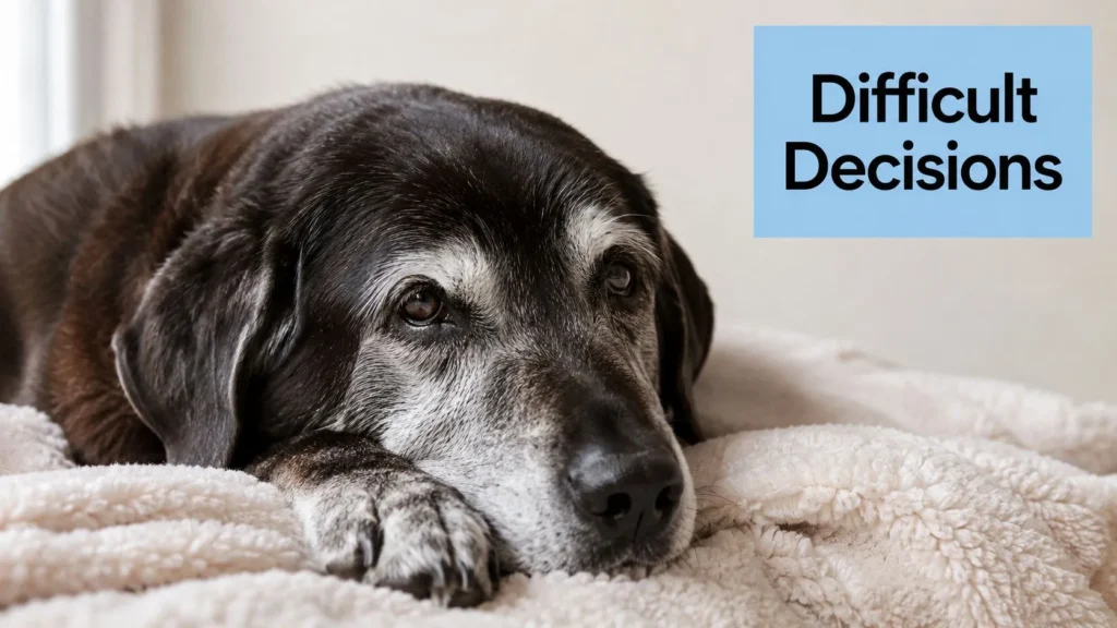 Cost to Put a Dog to Sleep: A Compassionate Guide Senior black dog with a gray muzzle resting on a soft blanket beside the text “Difficult Decisions”.