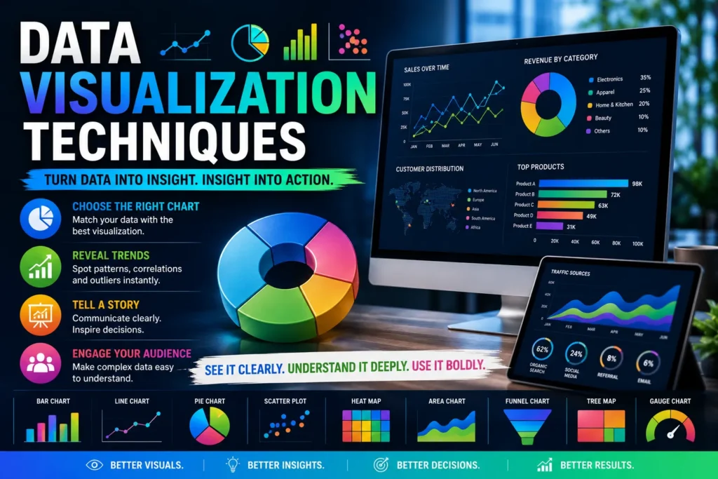 Data visualization dashboard with colorful charts, graphs, analytics tools, and insights for turning data into stories.