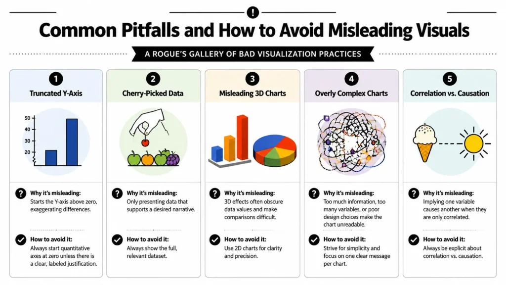 Data Visualization Techniques: A Practical Guide Infographic showing common data visualization mistakes, including truncated axes, cherry-picked data, and misleading 3D charts.