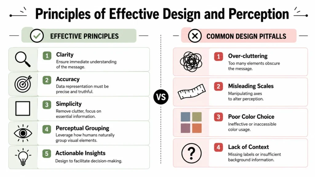 Data Visualization Techniques: A Practical Guide Infographic comparing effective design principles with common visualization pitfalls like clutter, poor colors, and misleading scales.