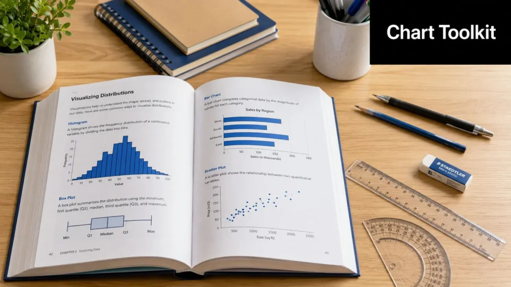 Data Visualization Techniques: A Practical Guide Open textbook displaying histograms, bar charts, and scatter plots with rulers and stationery on a desk.