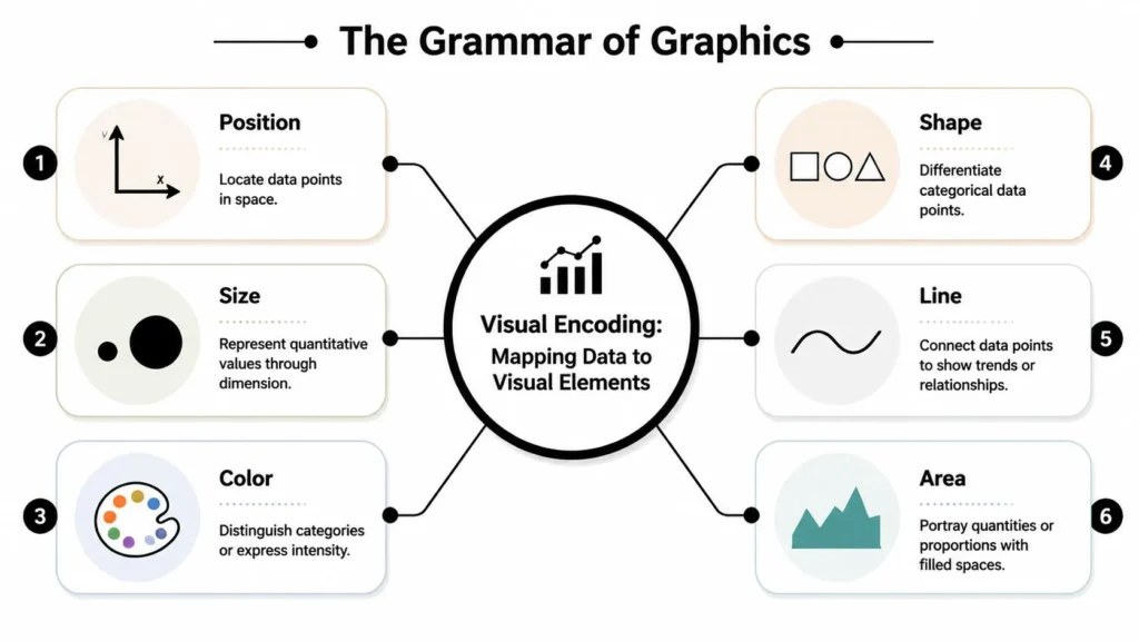 Data Visualization Techniques: A Practical Guide Infographic explaining visual encoding in data visualization using position, size, color, shape, line, and area.