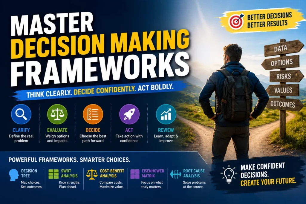 Decision-making frameworks infographic showing a person at a crossroads, strategic choices, analysis tools, and action plans.