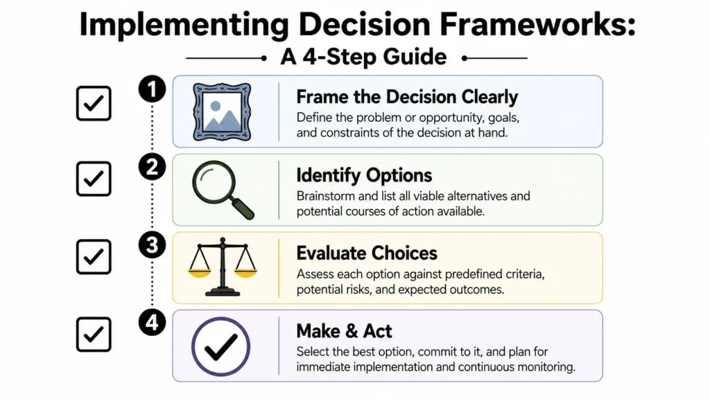 4-step decision-making framework infographic: define the problem, identify options, evaluate choices, and act.
