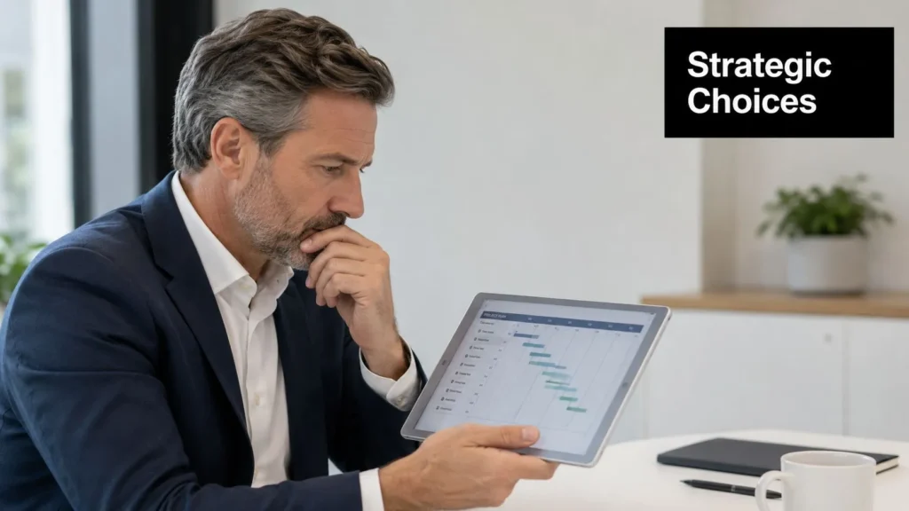 Business professional reviewing project timelines on a tablet while evaluating strategic decisions in a modern office.
