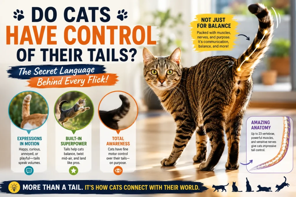 The Truth: Do Cats Have Control of Their Tails Tabby cat raising its tail with illustrations explaining feline tail control, balance, communication, and body language.