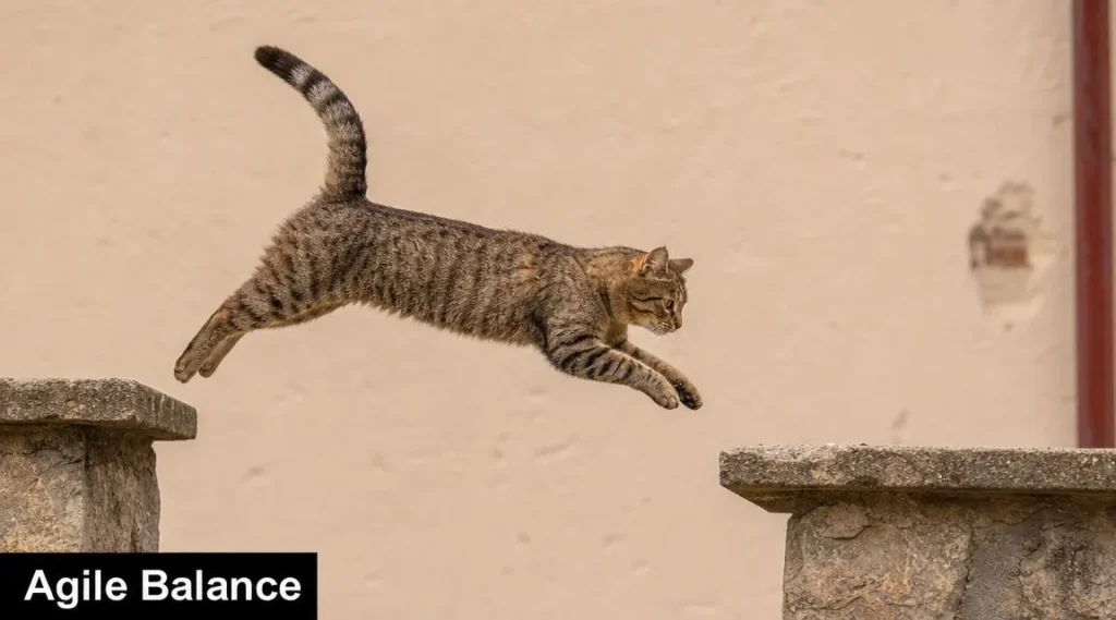 Cat leaping between stone ledges with tail raised for balance, illustrating feline agility and coordination.