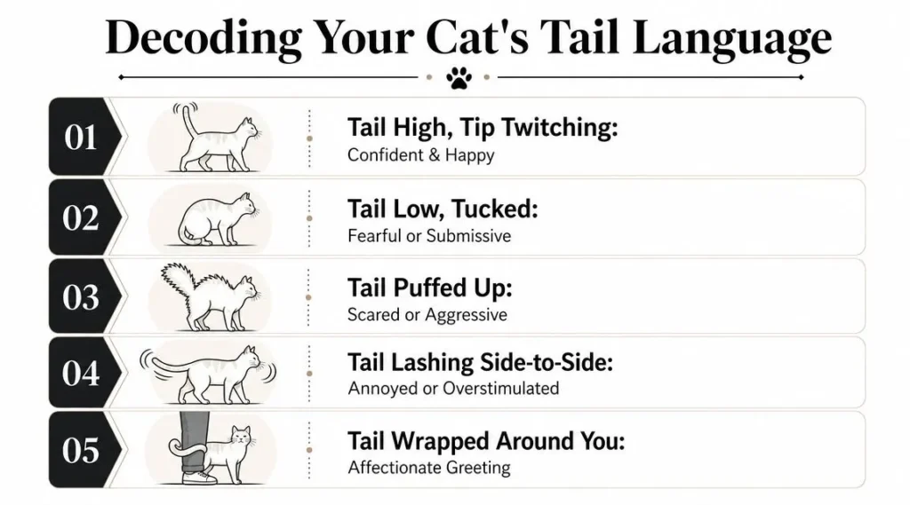 Cat tail language infographic showing meanings of high, tucked, puffed, lashing, and wrapped tail positions.