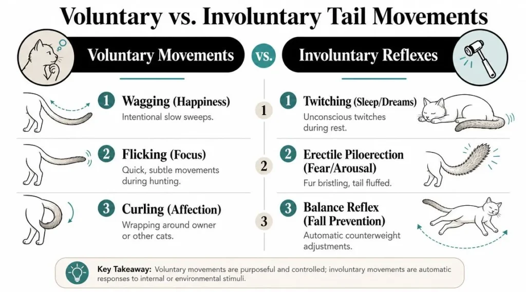 Cat tail infographic comparing voluntary movements like wagging and flicking with involuntary reflexes and twitching.