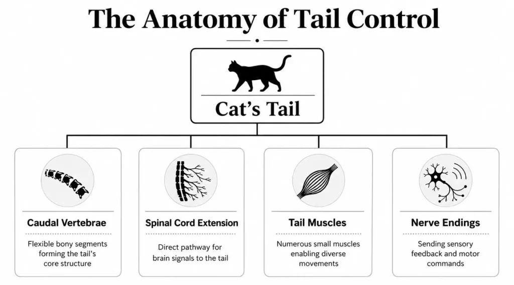 Cat tail anatomy infographic showing vertebrae, spinal cord extension, muscles, and nerve endings controlling movement.