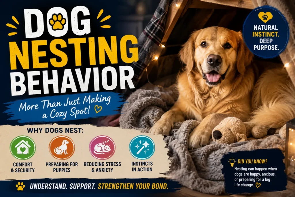 Dog Nesting Behavior: A Guide for Concerned Owners Golden Retriever relaxing in a cozy blanket nest, illustrating dog nesting behavior, comfort, and natural instincts.