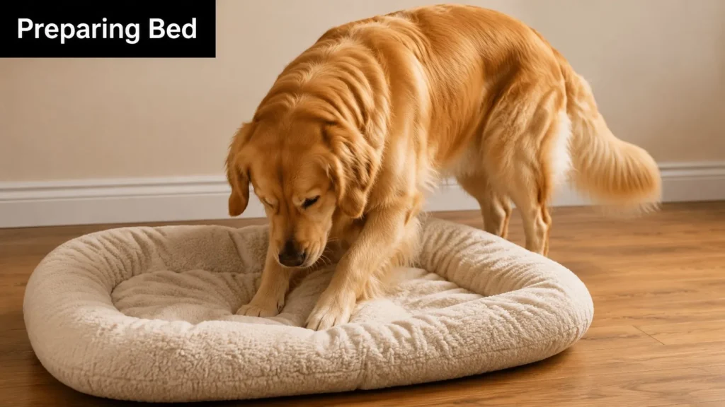 Dog Nesting Behavior: A Guide for Concerned Owners Golden Retriever preparing its bed by pawing and circling a plush dog bed indoors before resting.