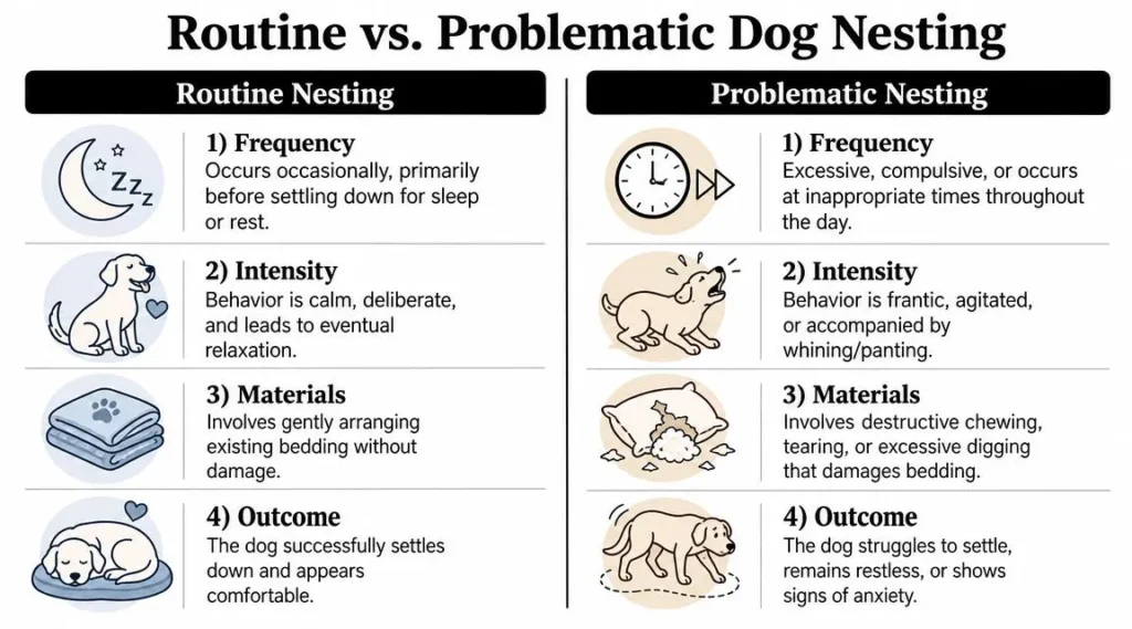 Dog Nesting Behavior: A Guide for Concerned Owners Infographic comparing routine and problematic dog nesting behaviors, including frequency, intensity, materials, and outcomes.