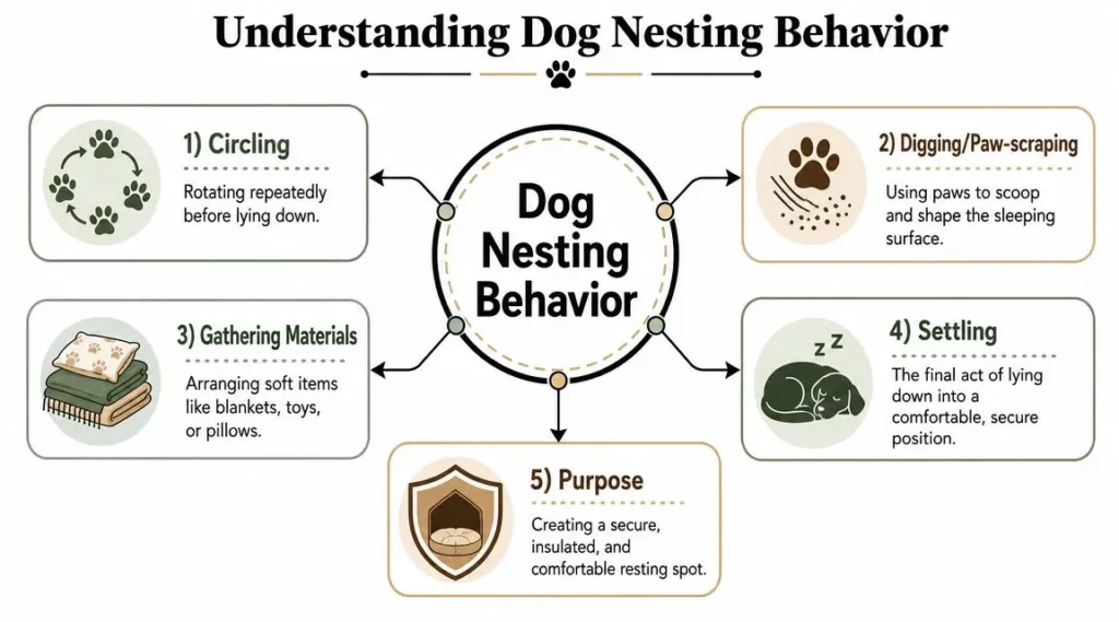 Dog Nesting Behavior: A Guide for Concerned Owners Infographic explaining dog nesting behavior, including circling, digging, gathering materials, settling, and purpose.