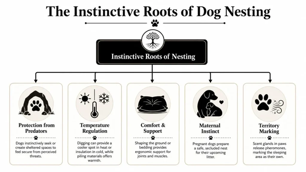 Dog Nesting Behavior: A Guide for Concerned Owners Infographic showing instinctive reasons for dog nesting, including safety, temperature control, comfort, maternal instinct, and marking.