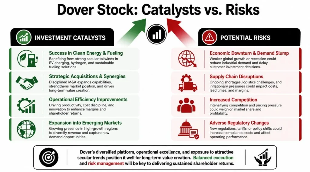 Dover Corporation Stock an Investor's 2026 Guide Dover stock infographic comparing investment catalysts and risks, including clean energy growth, competition, and regulations.