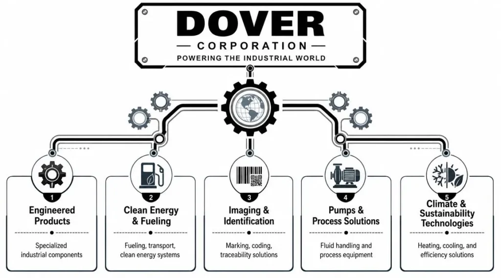 Dover Corporation Stock an Investor's 2026 Guide Dover Corporation infographic showing five business segments: engineered products, clean energy, imaging, pumps, and climate tech.