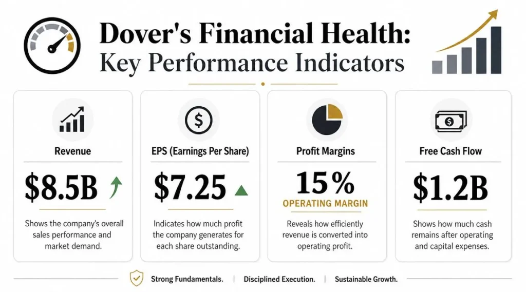 Dover Corporation Stock an Investor's 2026 Guide Dover Corporation financial infographic highlighting revenue, EPS, profit margins, and free cash flow performance metrics.