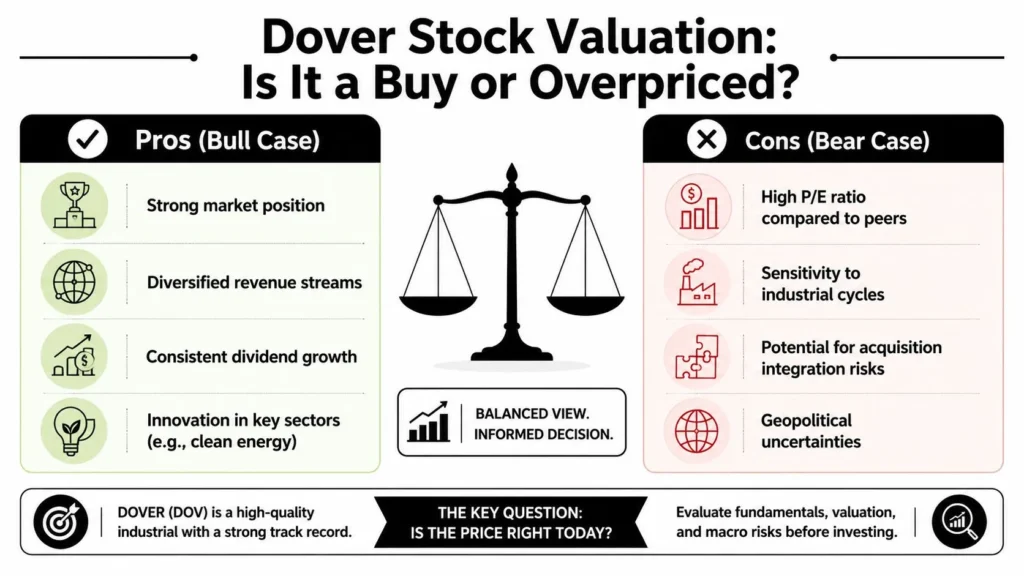 Dover Corporation Stock an Investor's 2026 Guide Dover stock valuation infographic comparing bull and bear cases, highlighting strengths, risks, and investment factors.
